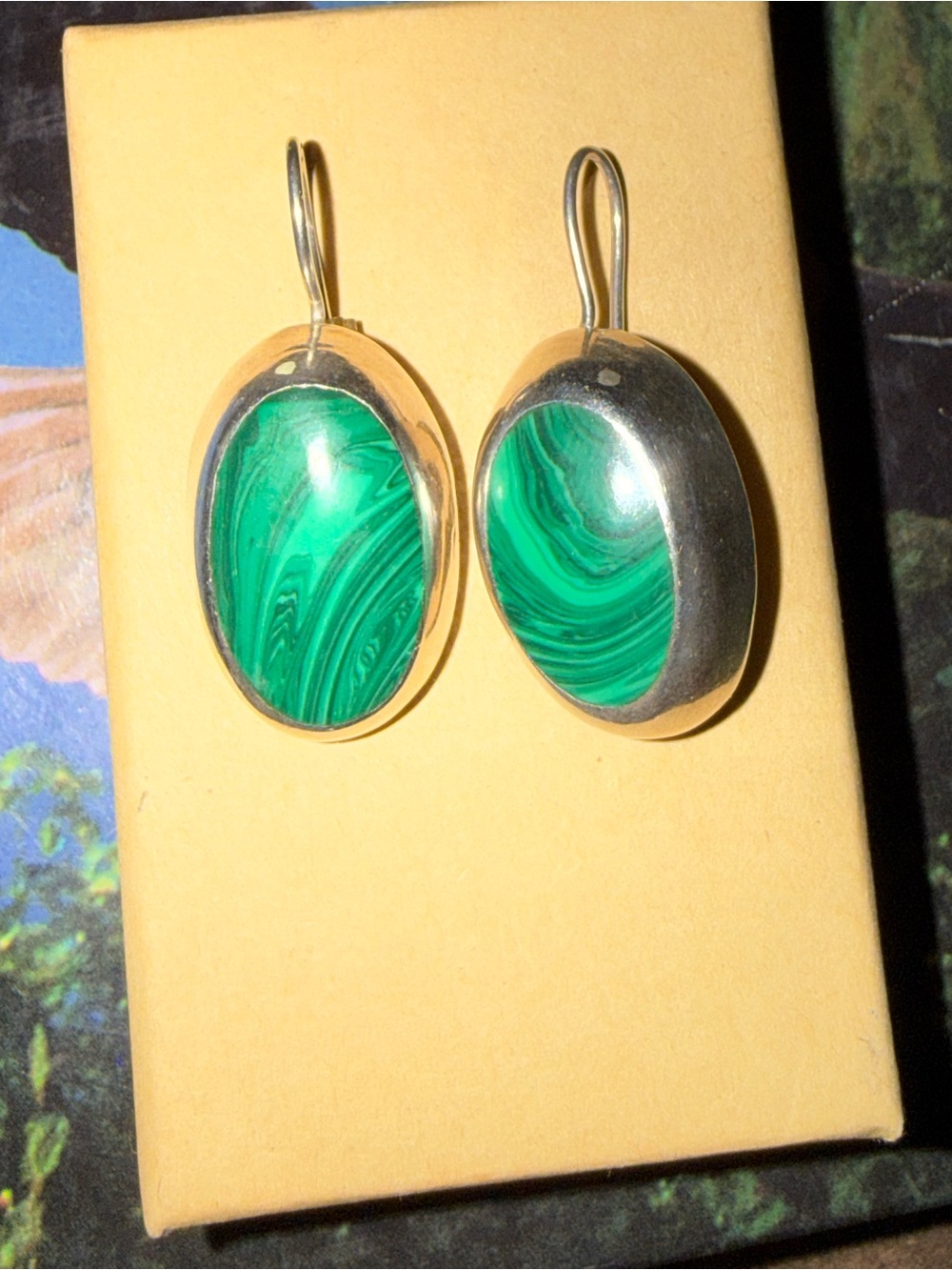 Sterling Silver Green Malachite Oval Drop Earrings